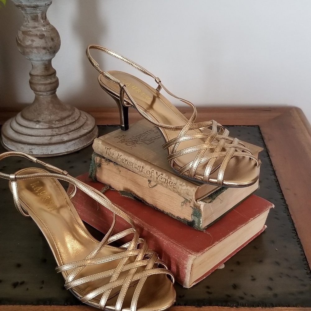 Ralph Lauren Gold Strappy Slingback Heels